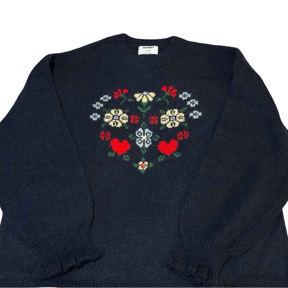 NWT! Old Navy, NAVY Blue  Floral Heart Crewneck Sweater w/ Red & Cream Motif,XXL - Picture 9 of 12